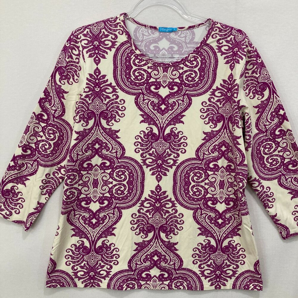 J. McLaughlin Top sz XL Purple White Abstract Stretch Catalina Cloth 3/4 Sleeve‎